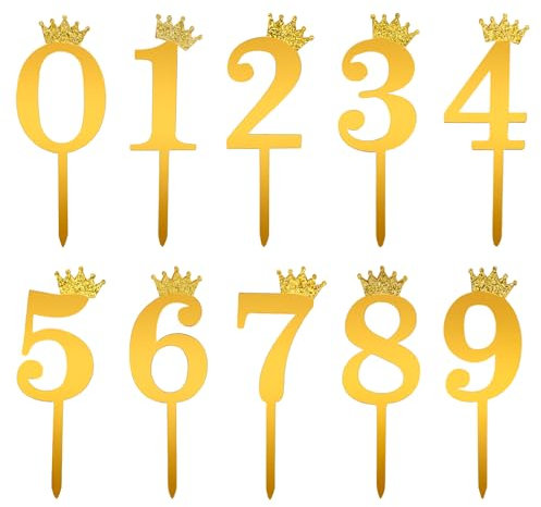 10St 0-9 Kuchen Zahlen Deko, Acryl Krone Cake Topper Zahlen Kuchenaufsatz für Geburtstag Hochzeit Jubiläum Feier Kuchendekorationen (Gold)