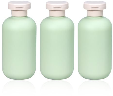NYGGTYK Botella dispensadora de loción de 3 piezas, botella de 200 ml, botella de disco flip-top, bolsa de aseo para viajes, se puede llenar con champú, gel de ducha, loción y acondicionador