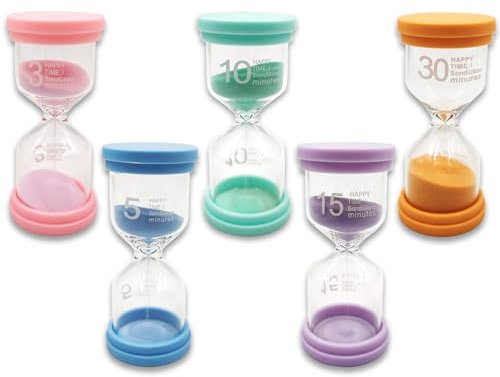Sanduhren Set, Bunte Sanduhr für Kinder, 3/5/10/15/30 Minuten Sanduhren-Set für Klassenzimmer, Zuhause, Küche und Büro, 5 Stück