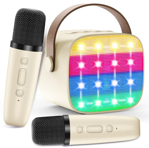 Machine Karaoké pour Enfants avec 2 Micros Sans Fil - Haut-parleur Portable Bluetooth, Changement de Voix, Lumières LED, Jouet Musical pour Filles et Garçons, Cadeau Parfait pour Anniversaires et Noël