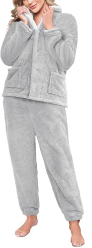 RITOSTA Pigiama Donna Invernale Lungo Pigiami in Pile Due Pezzi Morbido Pigiama Natalizio Felpa Manica Lunga e Pantalone Sleepwear Sets Caldo Completo Tuta Invernali con Pulsante (Grigio,S)