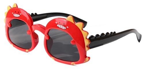 Dinosaurier-Cartoon-Sonnenbrille für Kinder im Alter von 2–6 Jahren, Blau-Gelb und Drak-Gläser, polarisiert, UV-Schutz, sichere Passform für den Außenbereich, Rot/Schwarz, 1 Packung