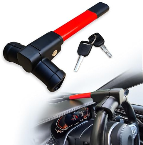 Sevenwalls Steering Wheel Lock - Car Security Device for Auto/SUV/Van, Anti-Theft T-Bar Immobilizer to Safeguard Your Vehicle and Deter Thieves (Red)