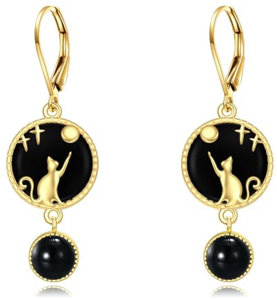 Cat Earrings Dangle Earrings silver and 18K gold-plated black onyx Earrings Cat Jewellry Gifts for Women (cat earrings)