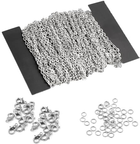 12m Gliederkette Meterware, Kette Basteln, Ketten Schmuckherstellung, Edelstahl Kabel Gliederkette mit 100 Ringen und 30 Karabinerverschlüssen, Gliederkette Silber Basteln, für Schmuck Diy Herstellung