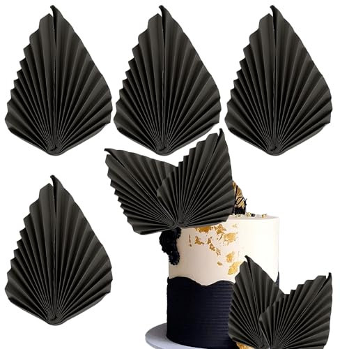Xsstarmi 4 Pack Paper Palm Fan Cake Topper Palm Leaf Fan Cake Pick for DIY Cake Bakeware Baby Shower Wedding Bridal Shower Birthday Anniversary Party Cake Decorations Supplies Black