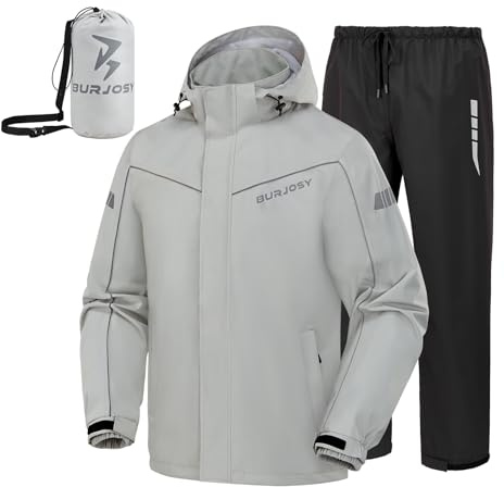 Regenanzug Herren wasserdicht 2-teilig reflektierend und packbar | TPU-Laminat, Winddicht, Packtasche, Wasserdichter Reißverschluss, abnehmbare Kapuze, für Arbeit, Outdoor, Golf, Rad