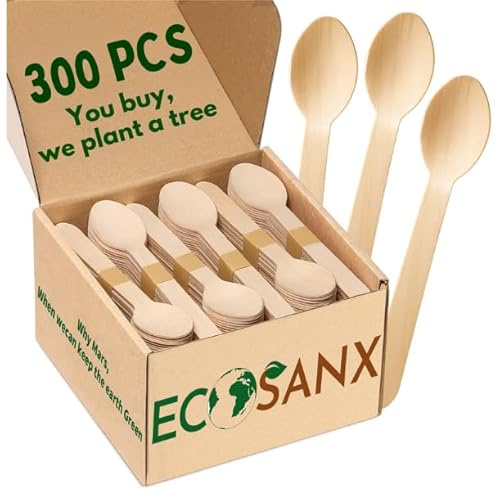 300 PCs Wooden Spoons Set, 6.5 Splinter Free Disposable Spoons for Parties, Eco-Friendly, Substitute for Plastic Cutlery & Bamboo Cutlery - Disposable Tableware for Outdoor, Camping, Events & More
