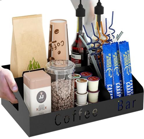 Gypie Coffee Station Organizer, Metal Coffee Bar Accessories Organizer for Countertop, Bar Caddy Tea Bag Holder with 4 Compartments for K Cup, Coffee Pods, Syrup, and Tea Bag Storage (Black)