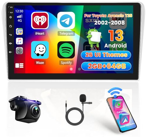 Hikity 2G 64G Android 15 Autoradio Für Toyota Avensis T25 2002-2008 mit Wireless Carplay Android Auto,9 Zoll Touchscreen Auto Radio mit GPS Navi Bluetooth WiFi RDS FM MIC Rückfahrkamera