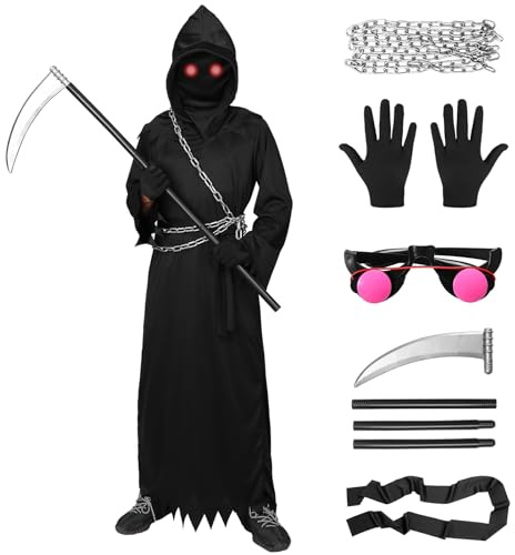 Harsever Sensenmann Cosplay Kostüm Kinder Halloween Kostüm Set Kostüm Reaper Robe mit Kette, Sense, Tod Kostüm Set Halloween Dress Up Party (Stil A, 155CM)
