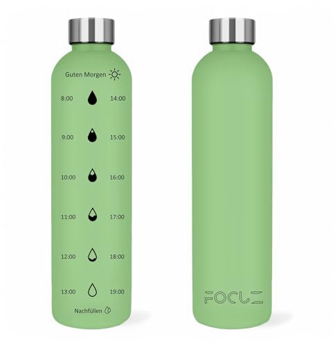 FOCUZ Motivational Bottle 1 L [Woods] mit motivierender Zeitmarkierung, Trinkflasche 1l, 1 Liter - auslaufsicher, BPA frei, spülmaschinenfest, Kohlensäure geeignet