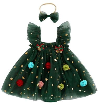 Vestiti di Natale del bambino della neonata del bambino del bambino del costume dell'albero di Natale principessa senza maniche tutù vestiti, Abito pagliaccetto Verde, 6 mesi