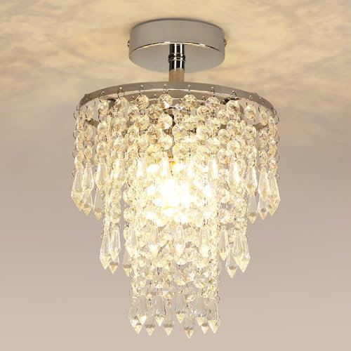 Modern Small Crystal Chandelier Chrome Flush Mount Ceiling Light, E14 Bulb Base, Round Shape 3 Tiers Raindrop Crystal Ceiling Light Fixture for Bedroom, Dining Room, Girls Room (Bulb not Include)