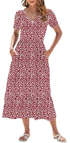 AUSELILY Robe d'été pour Femme Robe Longue à Manches Courtes Robe Longue pour Femme col en V Taille Empire, Robes de Plage avec Poches Tache Rouge L