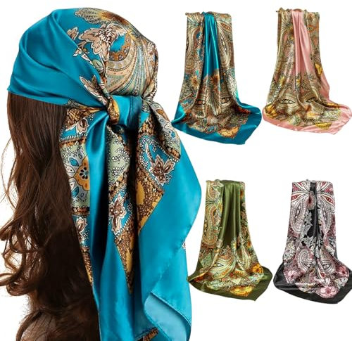 UptVin 4 Stück Faux Blume Bandana, 90 x 90 cm Großes Quadratisches Satin-Kopftuch, Kopftuch Bandanas Haartuch Halstuch Haarschmuck zum Binden Halstuch Damen, Decoration Headwear Geschenk für Frauen