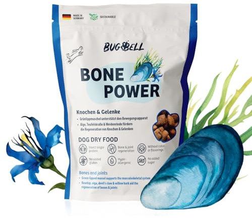 BugBell 800g Hundefutter trocken getreidefrei, zur Knochen & Gelenkunterstützung, bei Arthrose, Patellaluxation, mit Grünlippmuschel & Spirulina & Weidenrinde & Teufelskralle