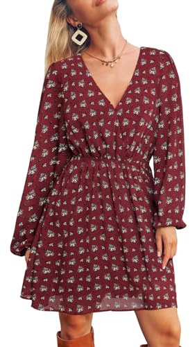 CUPSHE Women's Floral Print Chiffon A-Line Mini Dress Long Peasant Sleeves Elastic Autumn Dress Red Paisley L