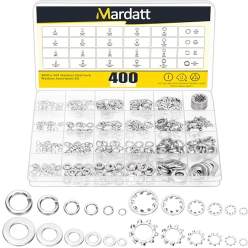 Mardatt Kit di 400 rondelle di bloccaggio in acciaio inox 304, rondelle interne di bloccaggio a stella per denti esterni (metriche)