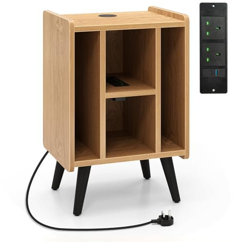 Multigot Record Player Stand with Charging Station, Industrial Turntable Stand with 4 Open Shelves, Vinyl Record Storage Cabinet Wooden Sofa Side End Table for Living Room Bedroom (Natural)