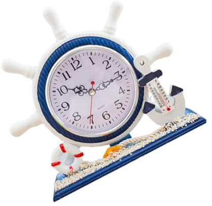 DECHOUS Unique Rudder Shape Marine Clock Thermometer Silent Desktop Home Decor Nautical Style Timepiece for Living Room