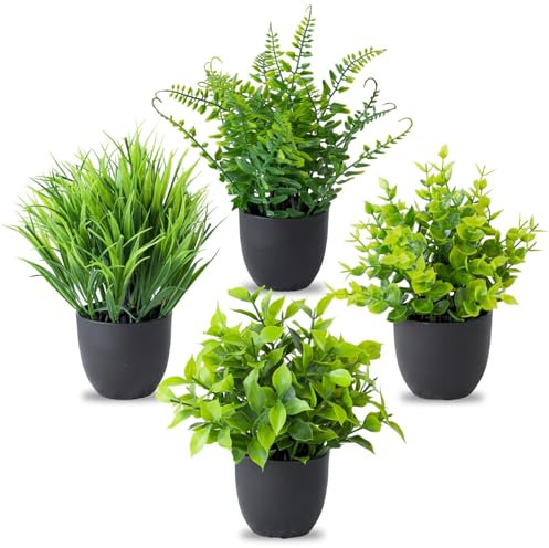 4 Stück Künstliche Pflanzen Set - Mini Kunstpflanzen Klein im Topf, Deko Pflanzen für Zuhause, Büro, Küche, Regal, Realistische Kunstblumen, Pflegeleicht, Grünes Dekor, Naturgetreu