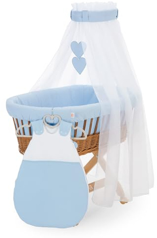 FabiMax Stubenwagen Natur Komplettset mit Matratze, Musselin-Schlafsack oder Bettwäsche, Himmel & Weidenkorb (Schlafsack, Blau)