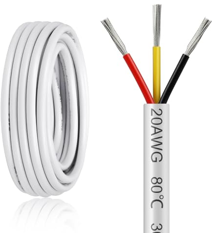 Cavo elettrico a 3 conduttori da 10 m, 20 AWG, 3 x 0,5 mm², flessibile rosso, nero e giallo, cavo elettrico in rame stagnato da 12 V 24 V 240 V 300 V PVC bianco per strisce LED illuminazione lampada