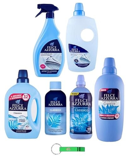 Felce Azzurra Set Profumato Classico Detersivo - Profumo per bucato - Ammorbidente - Acqua Profumata - 6 Articoli della stessa fragranza per bucato + Beni Culinari Portachiavi Gratis