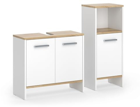 Vicco Badezimmermöbel-Set Karli, Weiß/Goldkraft Eiche 63.8 cm | 2-teilig · Waschtischunterschrank · Midischrank