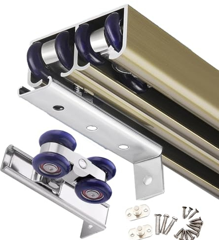 Doppelgleisige Scheunentürbeschläge 60, 100, 150, 200, 250 cm, verstecktes Rollensatz-Set für Schiebetüren, die in alle Richtungen gleiten(Champagne,127cm/50in)