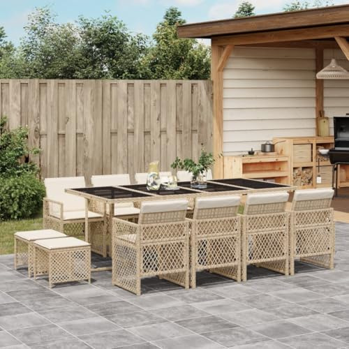 Runheo 13-TLG. Garten-Essgruppe mit Kissen Beige Poly Rattan, 220x106 cm Esstisch, 8 Stühle, 4 Hocker, UV-beständig, für Terrasse, Balkon, Außenbereich