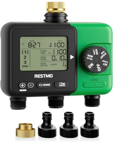 RESTMO Computer di Irrigazione 3 Zona, Timer Irrigazione con Display Grande | Automatico/Manuale/Ritardo Pioggia (12/24/48/72H), Timer per Tubo da Giardino, Rubinetto Esterno