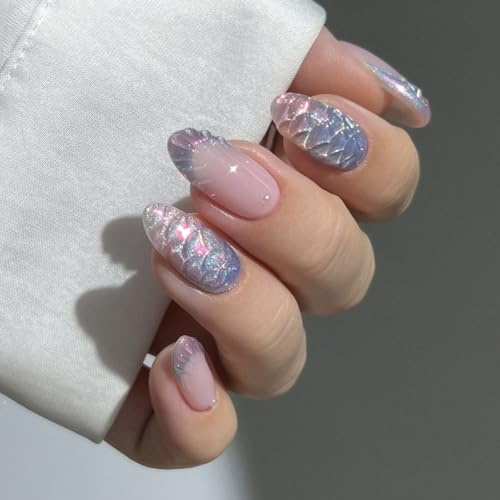 Elegant Almond Shape Short False Nails Fish Scale Pattern Art Salon Grade ABS for Daily Wear Social Event French Blue Almond Fake Nail