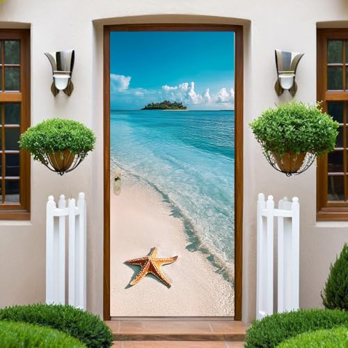 Bleu Autocollant Porte Étoiles de mer de plage Stickers de Porte 73x204 cm PVC Auto-Adhésif Imperméable Trompe L'oeil Papier Peint Muraux pour Cuisine Chambre Salle de Bain Decor