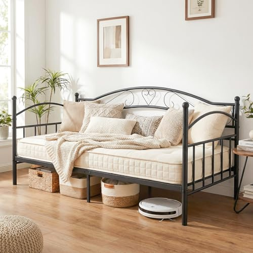 COSTWAY Metal Day Bed Frame, 3FT Single Sofa Bed Base Guest Platform Daybed with Headboard, Metal Slats Support Mattress Foundation for Living Room Bedroom, No Box Spring Needed, 197 x 97cm (Black)