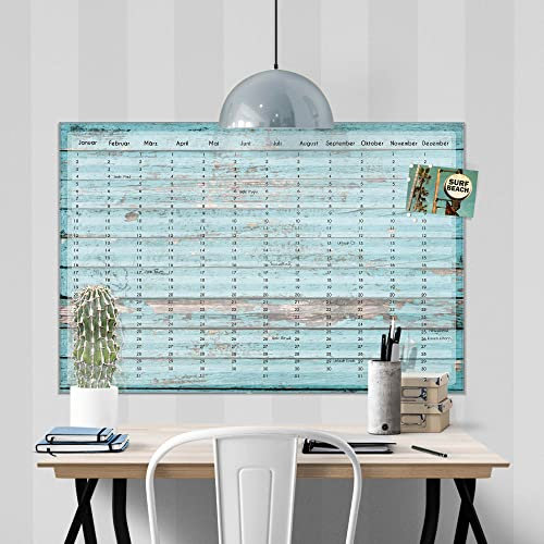 banjado® Wandkalender abwischbar aus Glas 75x50 cm/Jahresplaner abwischbar mit Motiv Alte Bretter Blau/langlebiger Jahreskalender, Urlaubsplaner & Familienplaner abwischbar