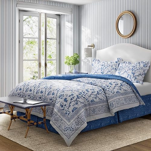 Laura Ashley - Parure de lit en Coton avec Couvre-oreillers et Jupe de lit Assortis, décoration d'intérieur élégante (Bleu Charlotte, lit Double)