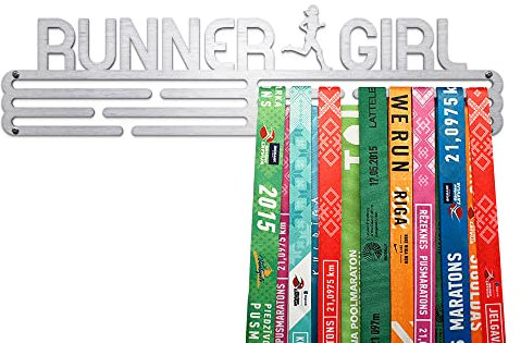 United Medals Runner Girl Medaillenhalter Running Laufen für 48 Medaillen Aufbewahrung - Läufer Geschenk Marathon Zubehör - Medal Holder Hanger Display Rack - gebürsteter Edelstahl