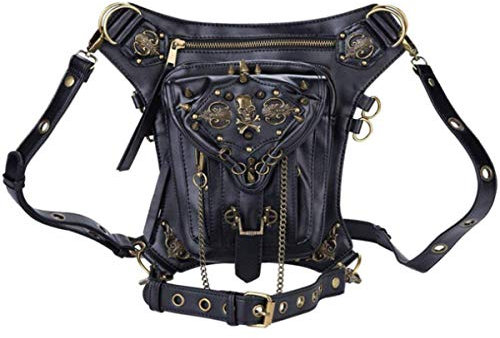 AlwaySky Gürteltasche aus PU-Leder im Steampunk-Stil, Gothic-Stil, personalisierbar, für Herren und Damen, zum Wandern, Mini-Reisetaschen, Schwarz