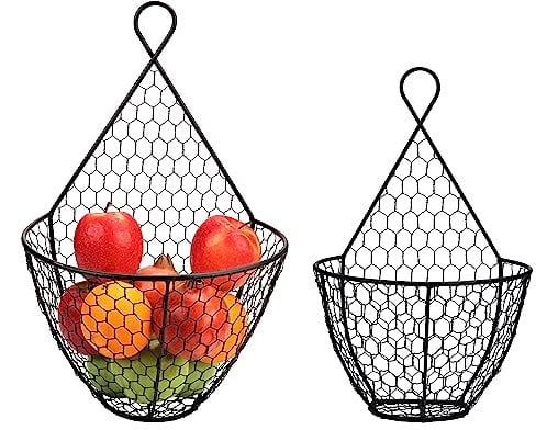 Belle Vous Schwarzer Obstkorb Hängend Wandkorb Metall (2er Pack) - Aufbewahrung Korb Wandmontage in Groß und Klein - Aufbewahrungskorb Draht Rustikal - Aufbewahrung für Obst, Gemüse und Arbeitsplatten