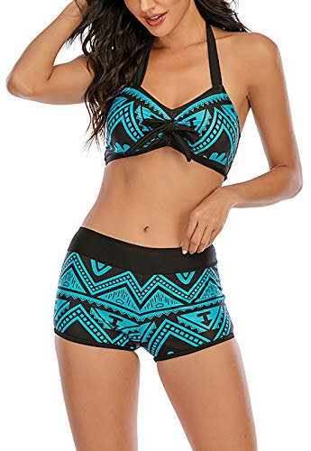 Lazzboy Frauen Streifen Bikini Set Brazilian Swimwear Beachwear Badeanzug Damen Neckholder Push Up Sport Bandeau Strandmode Bademode Zweiteilige Gepolstert Strandkleidung(Blau,XL)