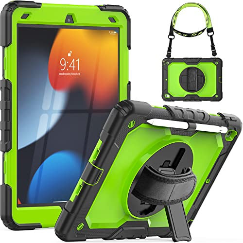 SEYMCY for iPad 9th/8th/7th Generation Case 10.2 inch, Shockproof Sturdy Cover with 360° Rotating Hand Strap & Stand, Screen Protector, Shoulder Strap, Pen Holder for iPad 9/8/7 gen 2021~2019, Green