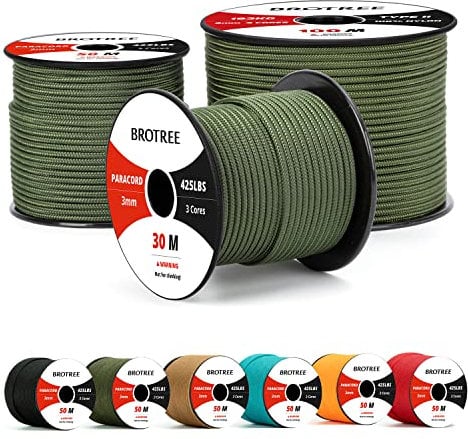 Brotree Paracord 3mm 50M Cuerda 100% Nylon Tipo II 3 Hebras Cuerda Paracord 425 para Exterior, Bricolaje - 192 kg Carga de Rotura (Ejercito Verde)