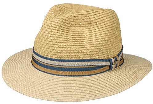 Stetson Romaro Toyo Traveller Strohhut Herren - Sommerhut aus Viskose - UV-Schutz 40+ - Breite Krempe - Mit gestreifter Ripsbandgarnitur - Sonnenhut - Männerhut - Frühjahr/Sommer beige XXL (62-63 cm)