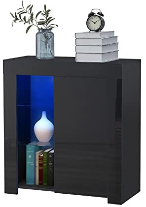 CLIPOP Buffet Moderne à LED Noir Mat et Porte Avant Brillante avec 2 étagères en Verre pour Salon, Salle à Manger