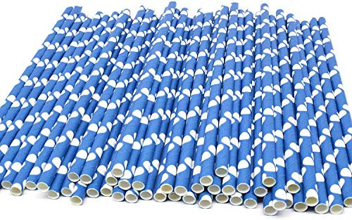 Paper Straws 100pcs Biodegradable Recyclable Drinking Straws for Party Birthday Wedding (Blue White Dots)
