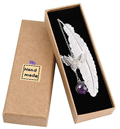 QH-Shop Metall Feder Lesezeichen mit Elegant Schmetterling und Glasperlen Ewige trockene Blume Anhänger für Erwachsene, Kinder und Studenten