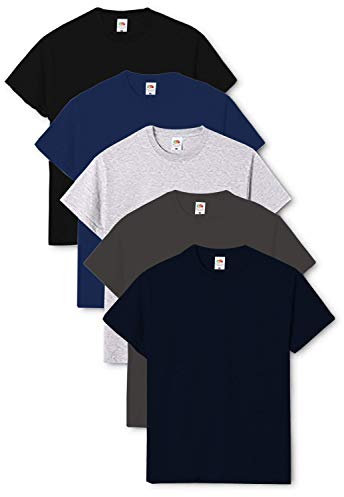 Fruit of The Loom Valueweight - Lot de 5 t-shirts à manches courtes pour homme - Noir/bleu marine/gris chiné/graphite clair/bleu marine foncé - Taille L