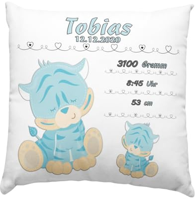 Baby Geschenk Kissen mit Namen und Geburtsdaten - Geburt Junge oder Mädchen Geburtsgeschenk Babykissen -personalisierte Babygeschenke -taufgeschenk von Taufpaten - neugeborenen Tiger Blau